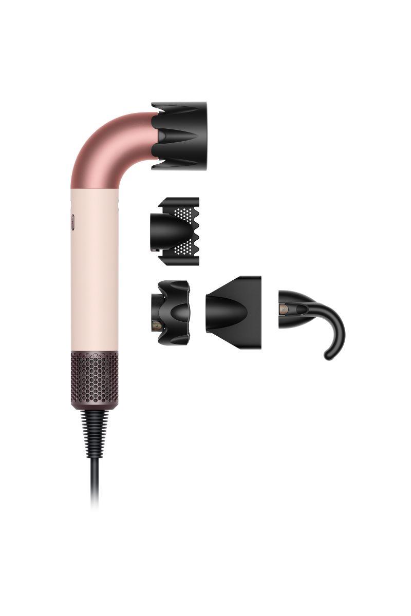 Dyson Supersonic r hårføner i Ceramic pink og Rose gold, en kompakt utgave med Straight+Wavy-tilbehør